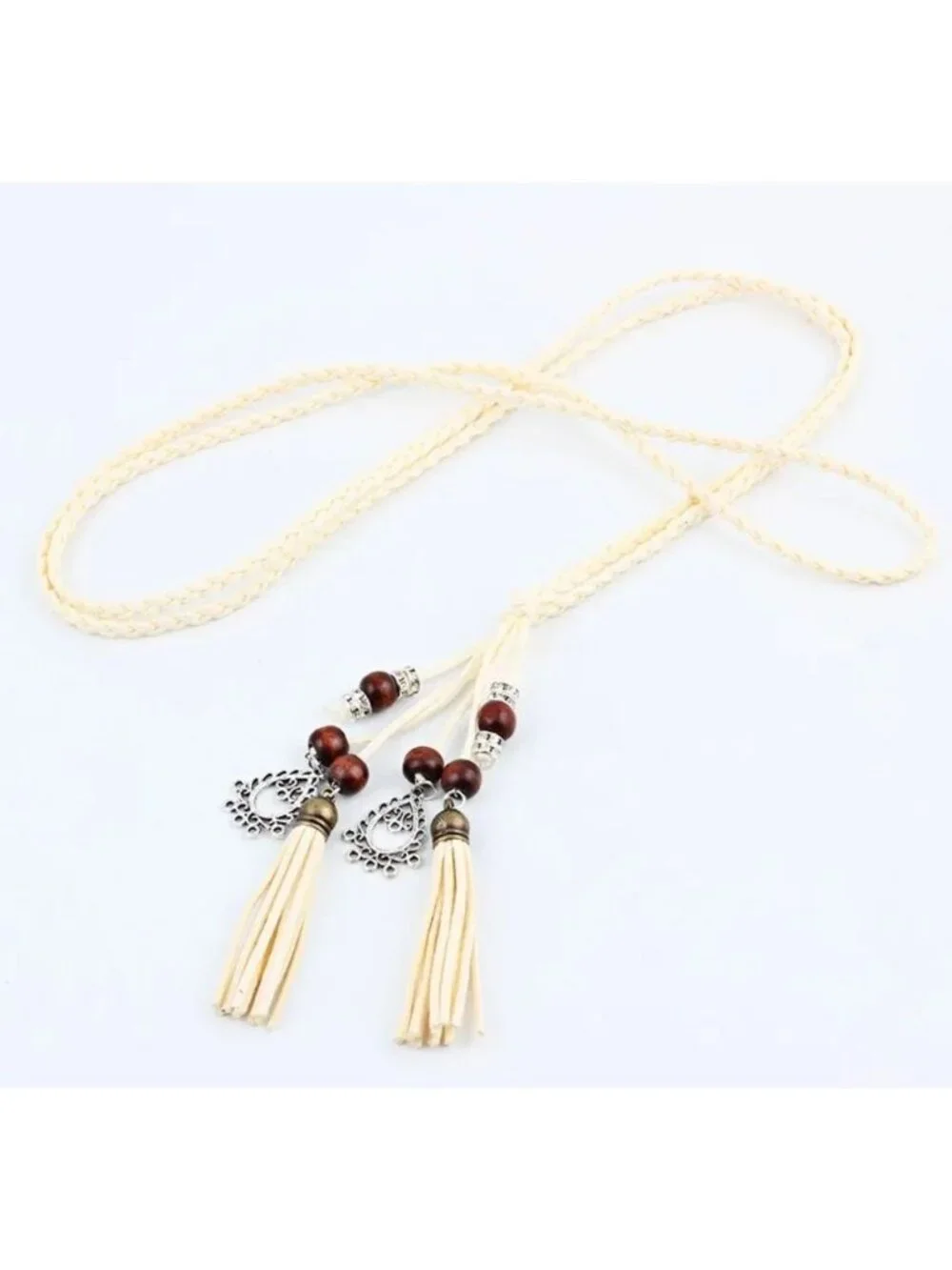 White/Beige Braided Wrap-Around Waist Belt With Tassels & Metal Charms